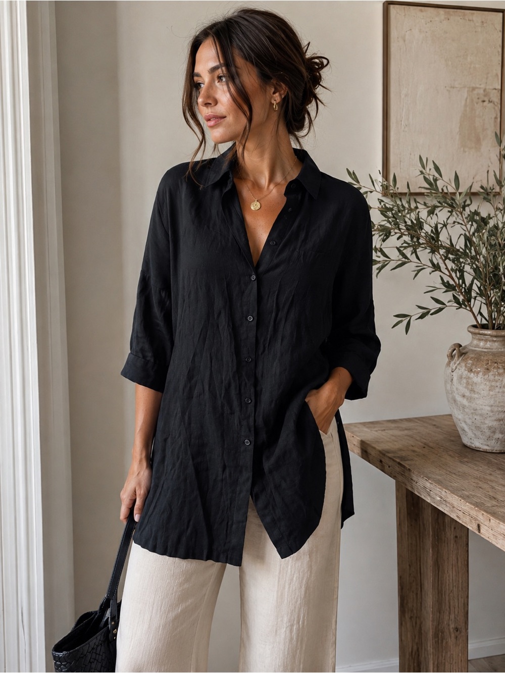 NWOT - 100% Linen Black button front Tunic Shirt – Size 1X
